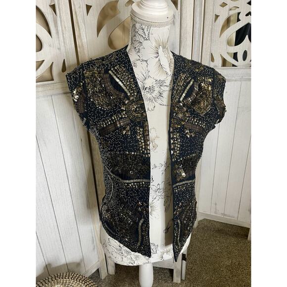 Hinge Womens Sequins Beaded Embellished Sleeveless Vest Metallic Size Small